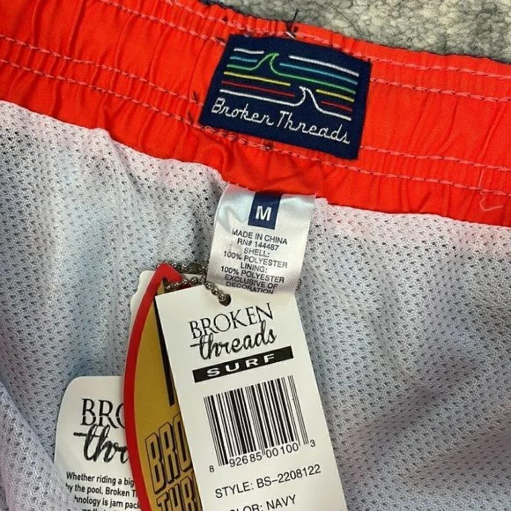 NWT Broken Threads Surf Navy Blue Great White Sharks French Fries Swim Trunks M